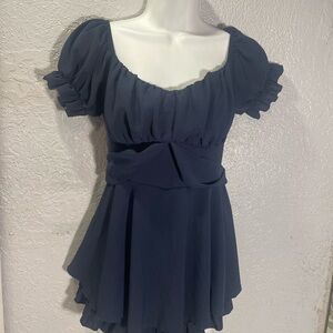 Dark Blue ruffled romper whimsical gothic milkmaid romantic